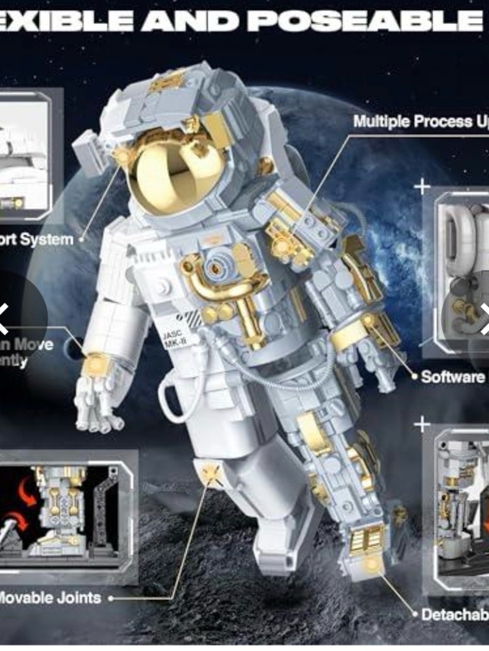 FarBlocked White Astronaut Building Block Figure with Gold Visor Accents